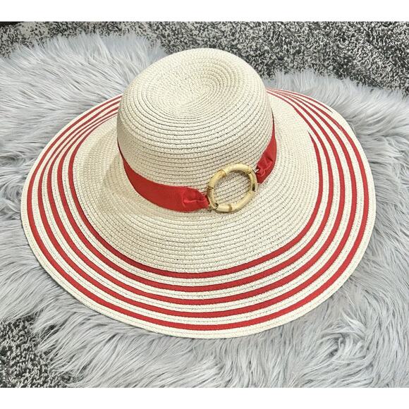 Ralph Lauren Straw Red Grosgrain Ribbon‎ Striped Wide Brim Sun Hat Size M - Picture 1 of 2